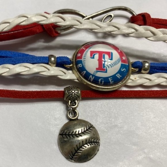 TEXAS RANGERS BRACELET * Red White Blue MULTI-STRAND * pewter BASEBALL & LOVE - Picture 2 of 5